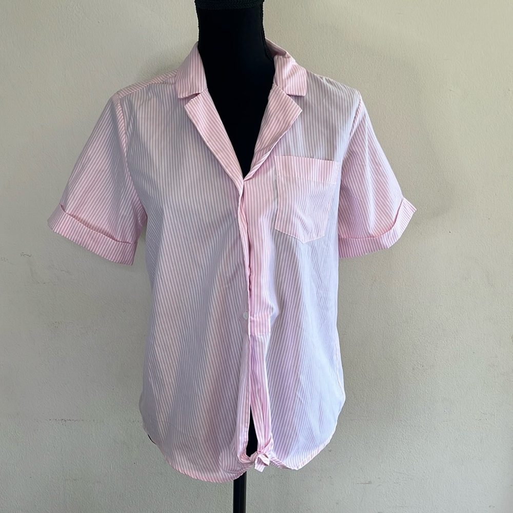 French Connection Pink And White Striped Button And Tie Front Blouse